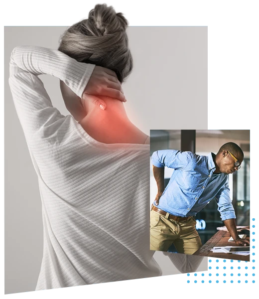 A woman with neck pain and a man with back pain