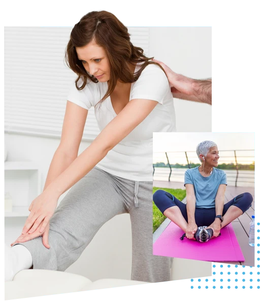 A woman being assisted in a stretch and a runner stretching on a track